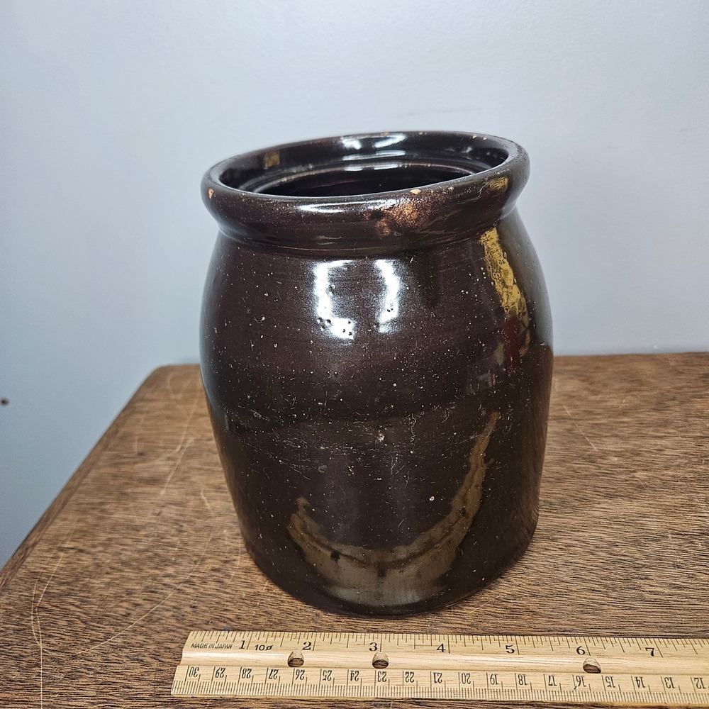 Vintage Antique Dark Brown Glazed Stoneware Crock Primitive Pottery Jar 6.5in